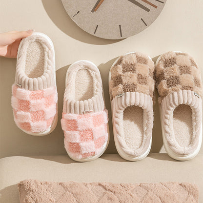 Plaid Plush Slippers Women's Indoor Plush Home Slippers Soft Sole Thick Non-Slip Warm House Shoes Couple Autumn And Winter Women DealSniper.net