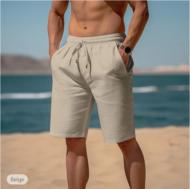 Summer Drawstring Shorts Elastic Waist Straight Pants Beach Men DealSniper.net Khaki L