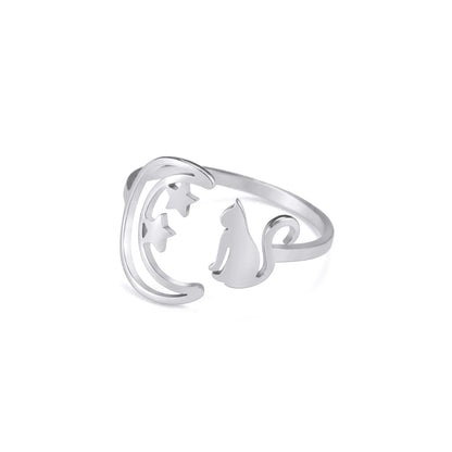 Personalized Simple Women's Crescent Star Cat Ring Jewelry dealsniper-net Steel Color