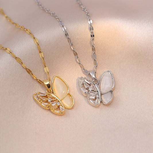 Fashion Jewelry Women's Graceful And Fashionable Opal Butterfly Pendant Necklace Jewelry dealsniper-net