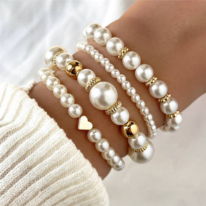 4pcs Set Simple White Faux Pearls Beads Beaded Heart Temperament Bracelet Jewelry DealSniper.net S1412 Beaded Bracelet