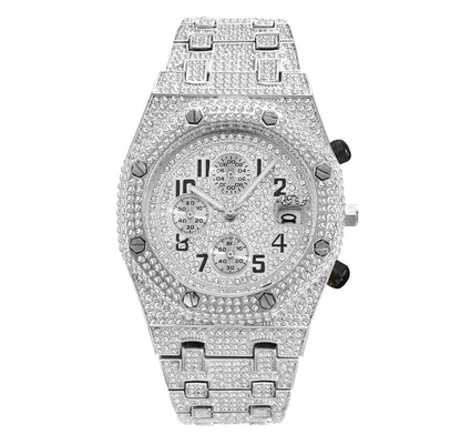 Full Diamond Three-eye Timing Sports Quartz Men's Watch Jewelry dealsniper-net Silver