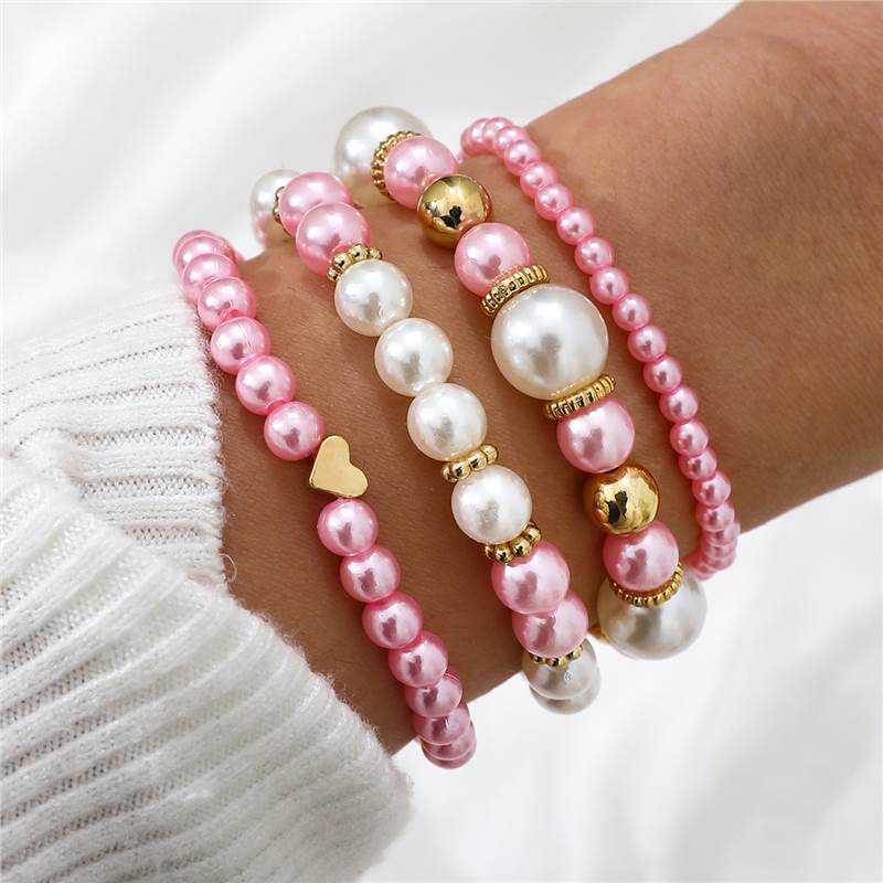 4pcs Set Simple White Faux Pearls Beads Beaded Heart Temperament Bracelet Jewelry DealSniper.net