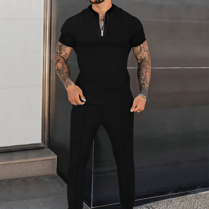 Men's Fashion Waffle Short Sleeve Stitching Stand Collar Suit