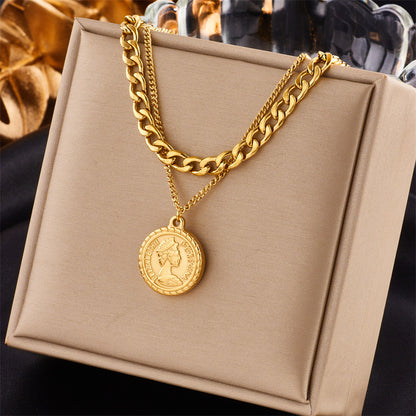 Geometric Portrait Coin Pendant Necklace For Women