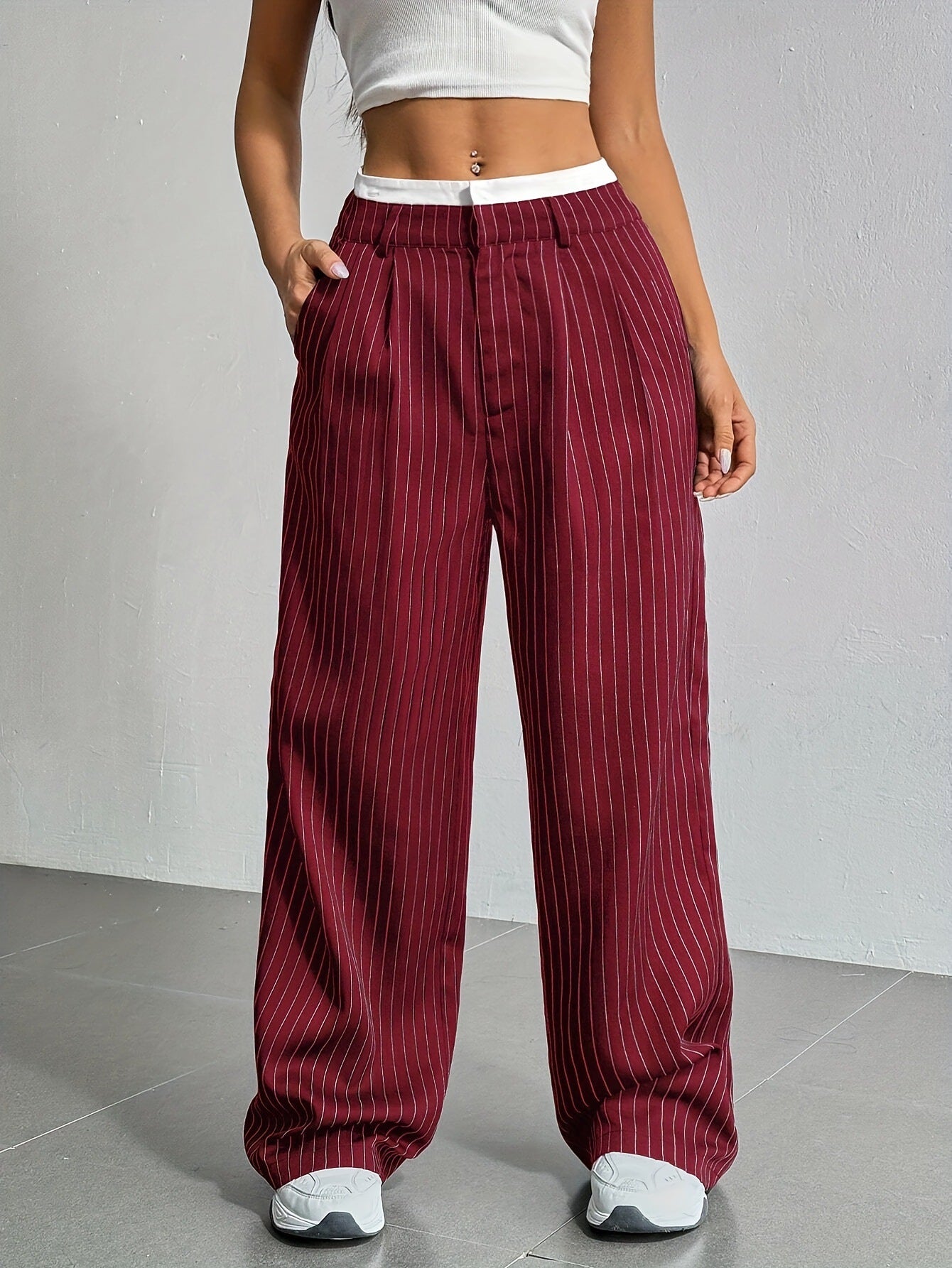 Stripe Printed Trousers Fashion High Waist Straight Leg Pants Women DealSniper.net Wine Red L