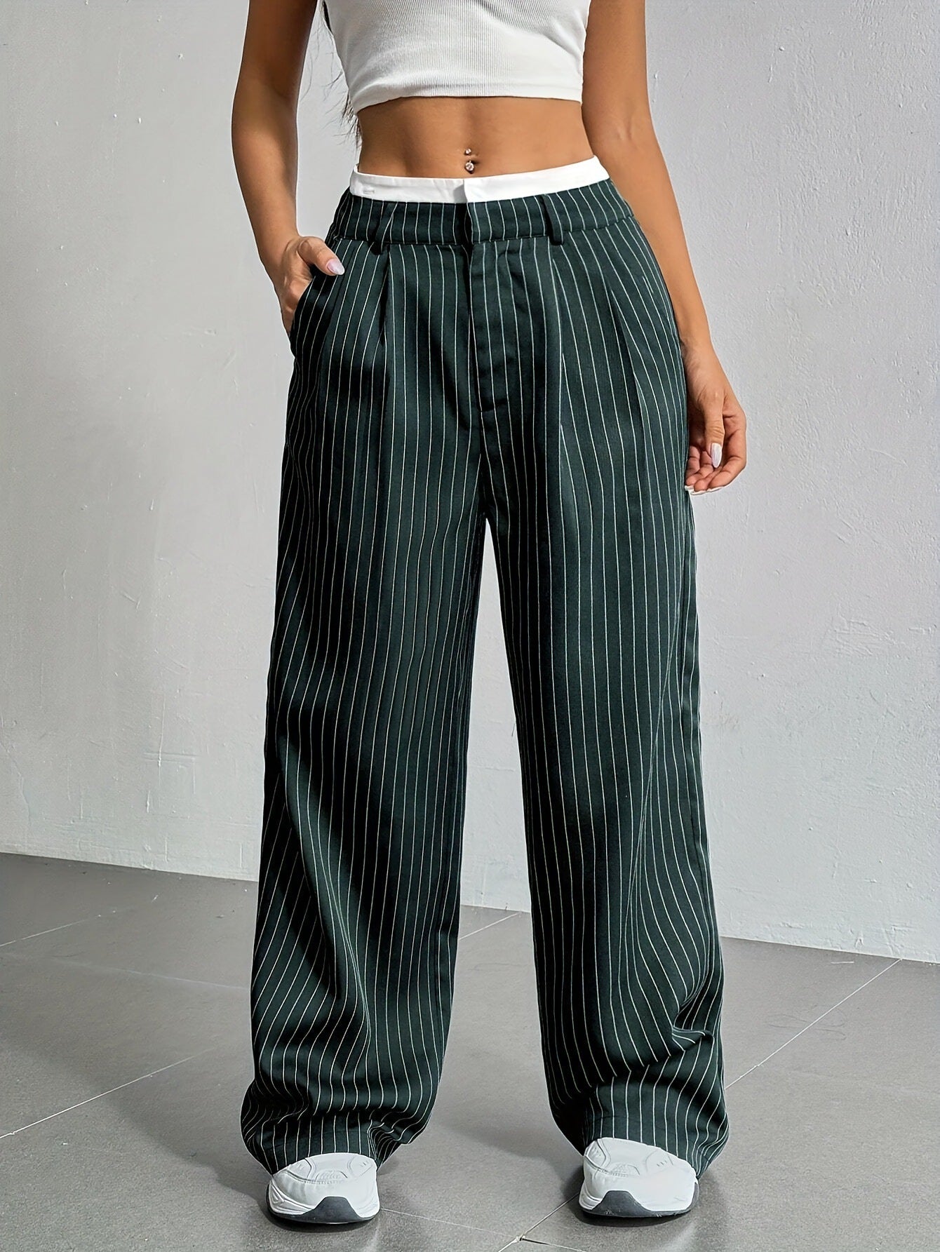 Stripe Printed Trousers Fashion High Waist Straight Leg Pants Women DealSniper.net Dark Green L