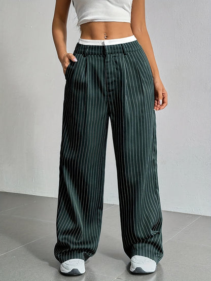 Stripe Printed Trousers Fashion High Waist Straight Leg Pants Women DealSniper.net Dark Green L