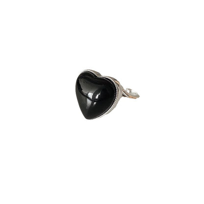 Silver Black Agate Loving Heart With Opening Women's Ring Simple Jewelry dealsniper-net Silver