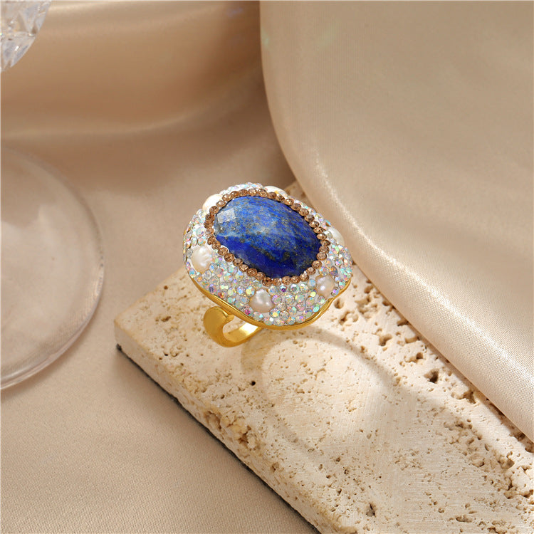 Retro Baroque Natural Pearl Ring Jewelry dealsniper-net K 0613 Lapis Lazuli