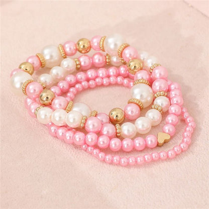 4pcs Set Simple White Faux Pearls Beads Beaded Heart Temperament Bracelet Jewelry DealSniper.net