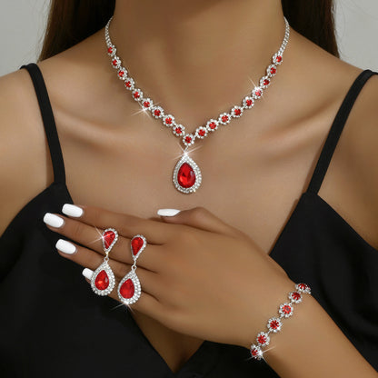 Fashion Jewelry Bridal Jewelry Suit Necklace Ear Stud Bracelet Three-piece Set Jewelry dealsniper-net 941798 Red