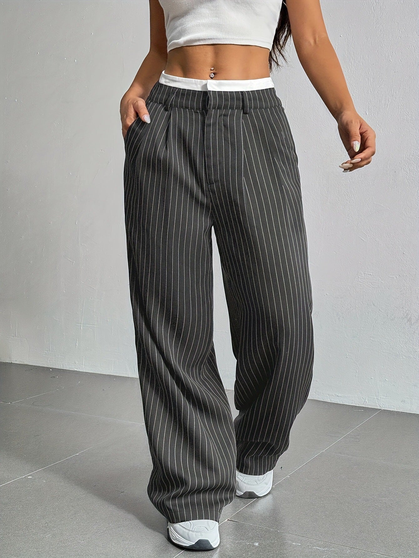 Stripe Printed Trousers Fashion High Waist Straight Leg Pants Women DealSniper.net Gray L