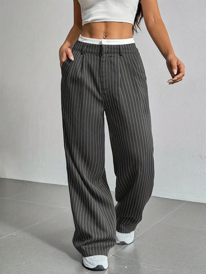 Stripe Printed Trousers Fashion High Waist Straight Leg Pants Women DealSniper.net Gray L