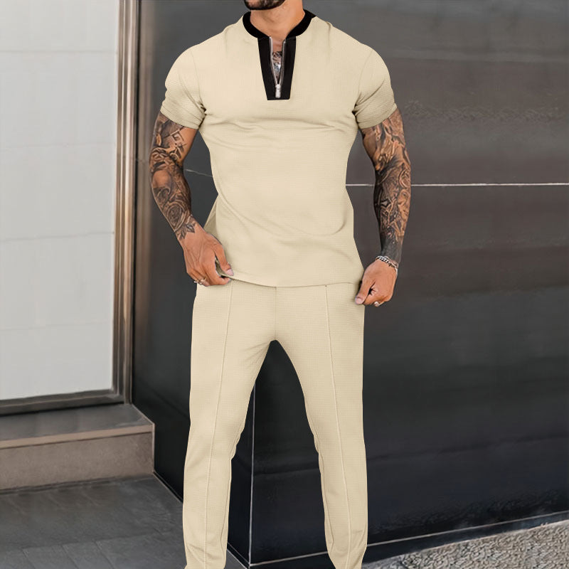 Men's Fashion Waffle Short Sleeve Stitching Stand Collar Suit