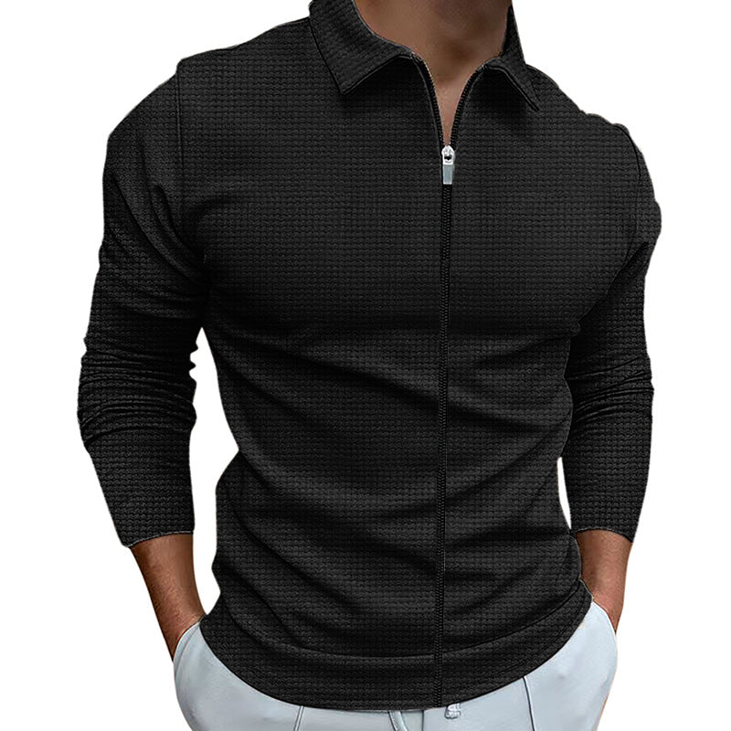 Men's Clothing Waffle Style Zipped Lapel Jacket Outdoor Sports Tops Men dealsniper-net Black L