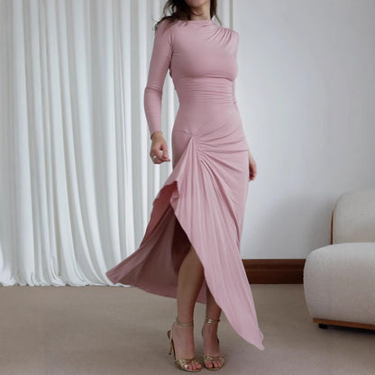 Slim-fitting Long-sleeved Asymmetric Split Dress Ins Fashion