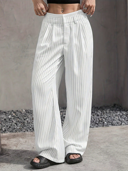 Stripe Printed Trousers Fashion High Waist Straight Leg Pants Women DealSniper.net White L