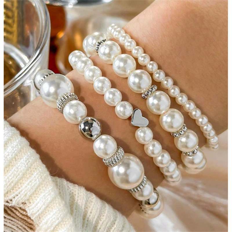 4pcs Set Simple White Faux Pearls Beads Beaded Heart Temperament Bracelet Jewelry DealSniper.net S14122 Beaded Bracelet
