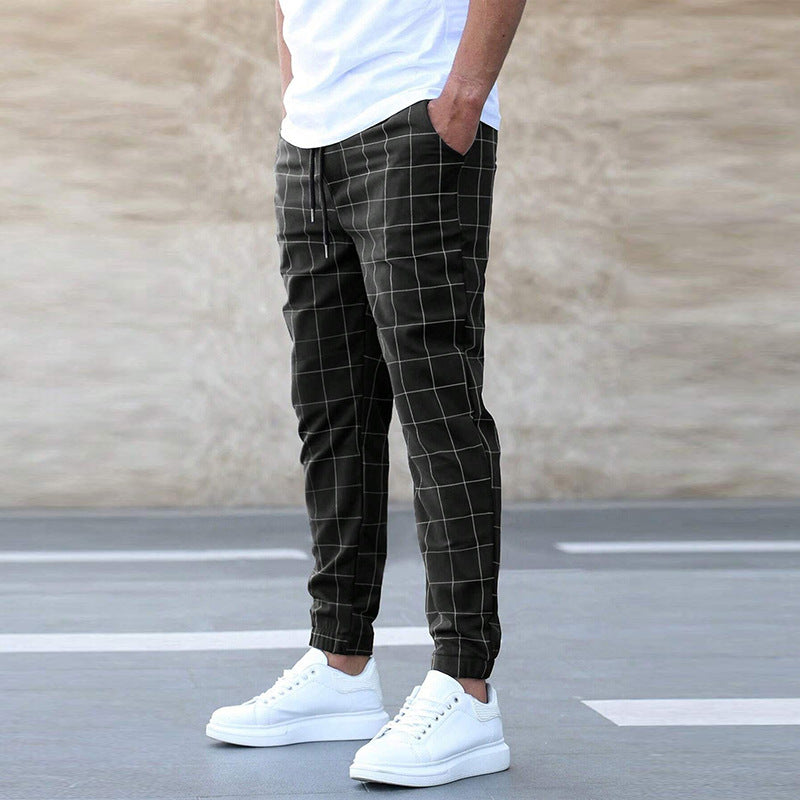 Fashion Plaid Print Pants Men's Casual Drawstring Trousers Men dealsniper-net Black L