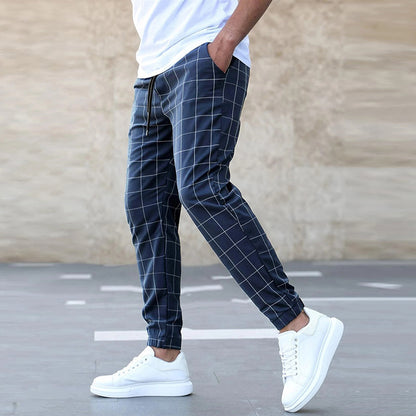 Fashion Plaid Print Pants Men's Casual Drawstring Trousers Men dealsniper-net Dark Blue L