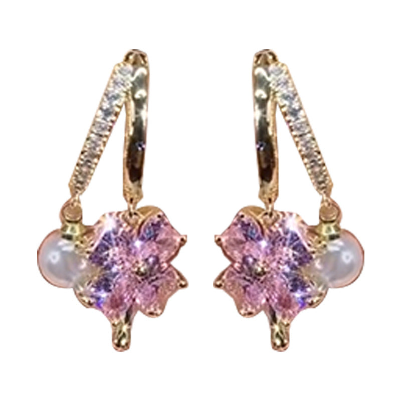 Fashion Jewelry Purple Crystal Four-leaf Flower Pearl Ear Clip Earrings Jewelry dealsniper-net