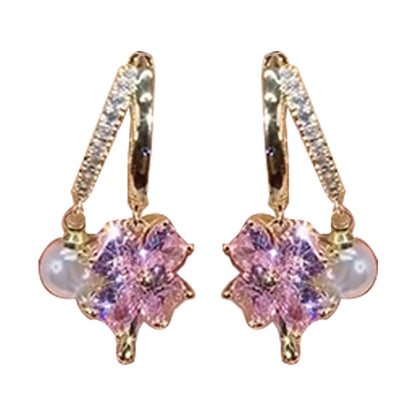 Fashion Jewelry Purple Crystal Four-leaf Flower Pearl Ear Clip Earrings Jewelry dealsniper-net