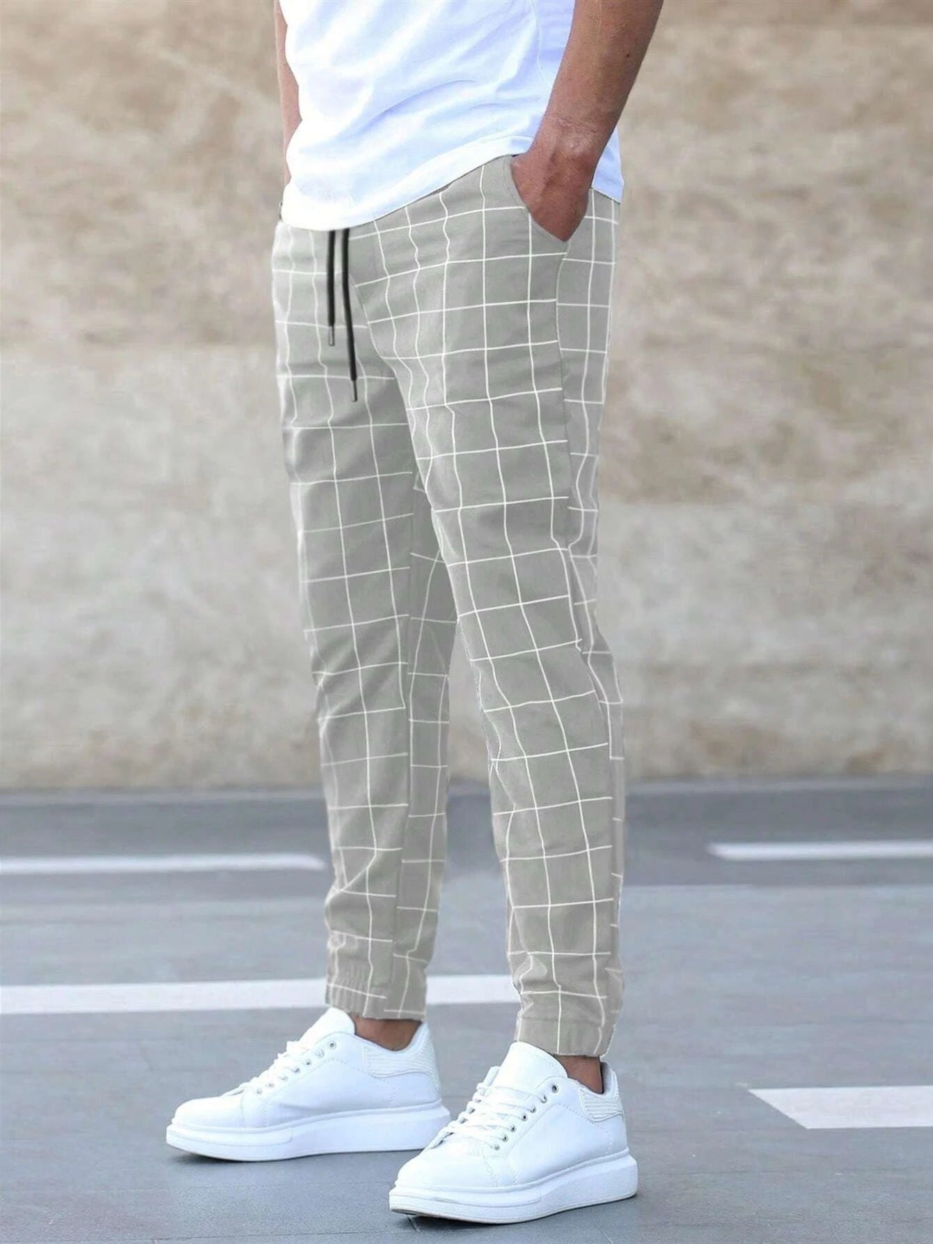 Fashion Plaid Print Pants Men's Casual Drawstring Trousers Men dealsniper-net Khaki L