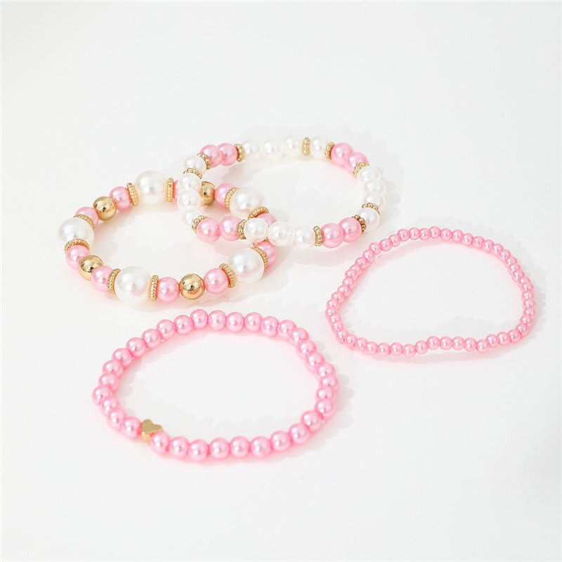 4pcs Set Simple White Faux Pearls Beads Beaded Heart Temperament Bracelet Jewelry DealSniper.net