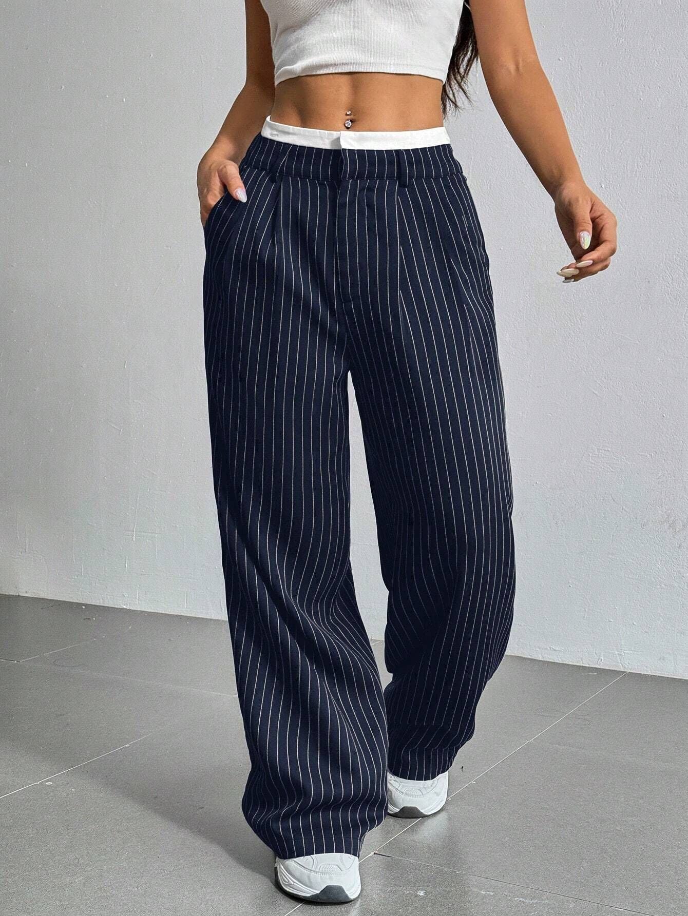 Stripe Printed Trousers Fashion High Waist Straight Leg Pants Women DealSniper.net Navy Blue L
