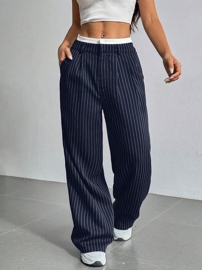 Stripe Printed Trousers Fashion High Waist Straight Leg Pants Women DealSniper.net Navy Blue L