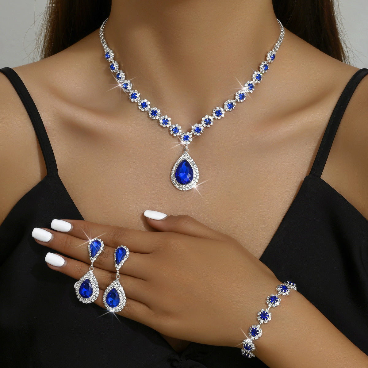 Fashion Jewelry Bridal Jewelry Suit Necklace Ear Stud Bracelet Three-piece Set Jewelry dealsniper-net 941798 Sapphire Blue