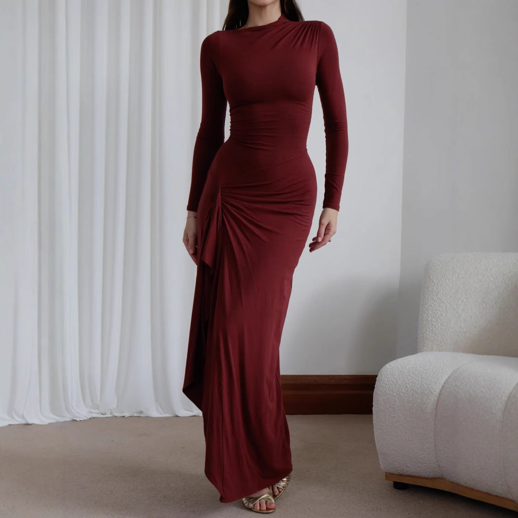 Slim-fitting Long-sleeved Asymmetric Split Dress Ins Fashion