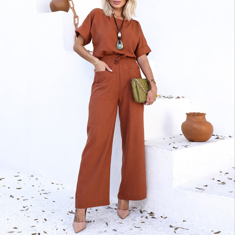 Women's Fashion Temperament Crew Neck Short-sleeved T-shirt Wide-leg Pants Suit Women dealsniper-net Brown 2XL