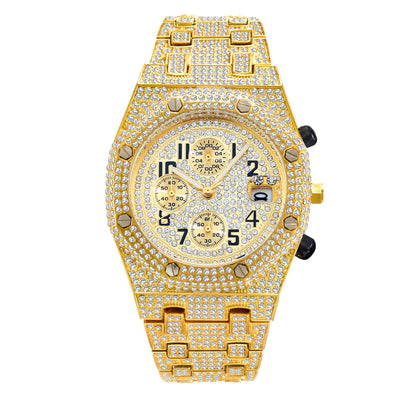 Full Diamond Three-eye Timing Sports Quartz Men's Watch Jewelry dealsniper-net Gold