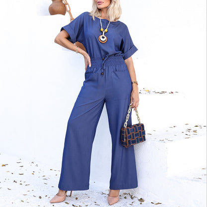 Women's Fashion Temperament Crew Neck Short-sleeved T-shirt Wide-leg Pants Suit Women dealsniper-net Blue 2XL