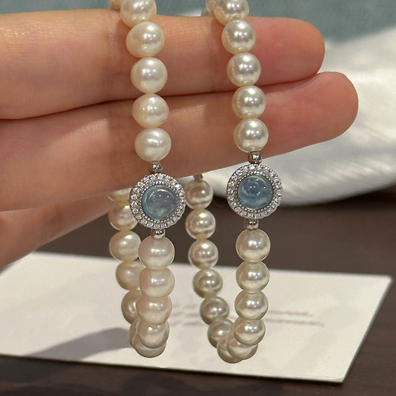 Mercury Silver Natural Freshwater Pearl Aquamarine Bracelet Female Jewelry dealsniper-net Shijia Pearl Elastic Version