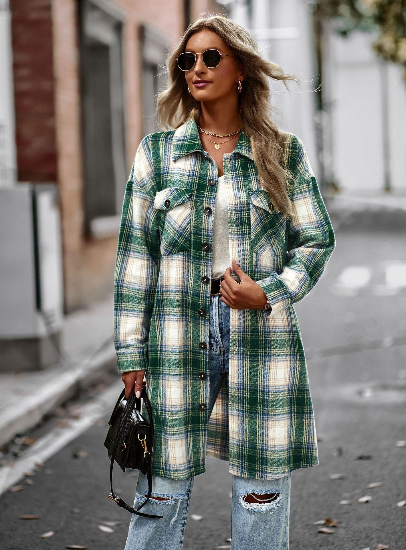 Temperament Leisure Long Plaid Tup Cardigan Coat