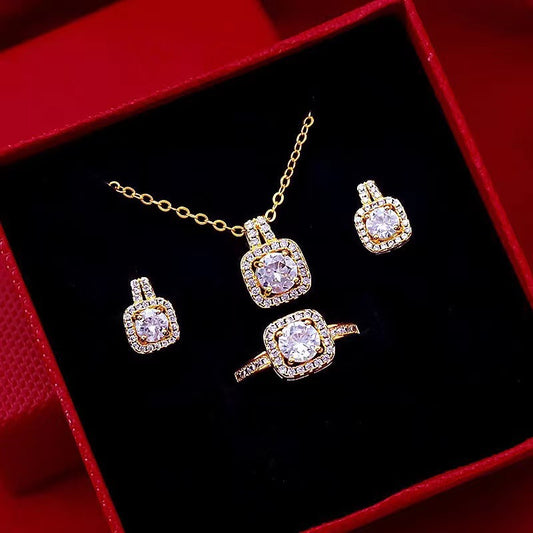 Fashion Jewelry Set Zircon Gem Pendant Chain Choker Jewelry dealsniper-net Gold Three Piece Set