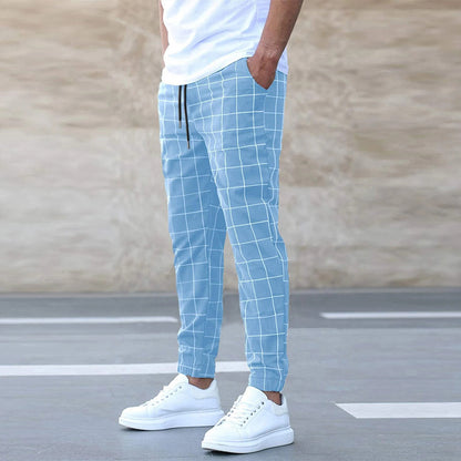 Fashion Plaid Print Pants Men's Casual Drawstring Trousers Men dealsniper-net Sky Blue L