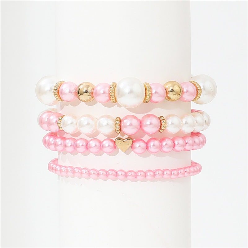 4pcs Set Simple White Faux Pearls Beads Beaded Heart Temperament Bracelet Jewelry DealSniper.net