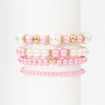4pcs Set Simple White Faux Pearls Beads Beaded Heart Temperament Bracelet Jewelry DealSniper.net