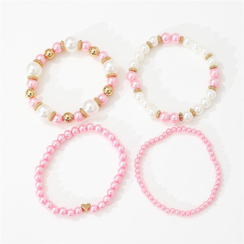 4pcs Set Simple White Faux Pearls Beads Beaded Heart Temperament Bracelet Jewelry DealSniper.net