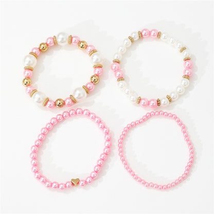 4pcs Set Simple White Faux Pearls Beads Beaded Heart Temperament Bracelet Jewelry DealSniper.net