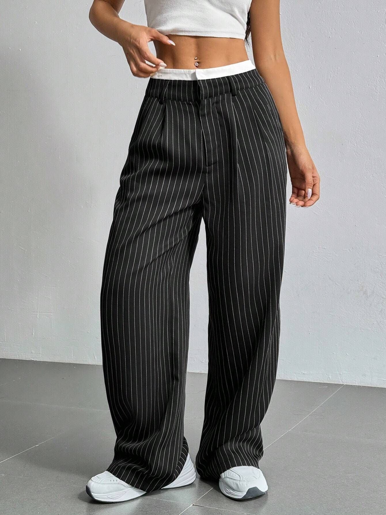 Stripe Printed Trousers Fashion High Waist Straight Leg Pants Women DealSniper.net Black L