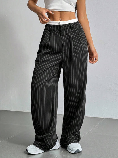 Stripe Printed Trousers Fashion High Waist Straight Leg Pants Women DealSniper.net Black L