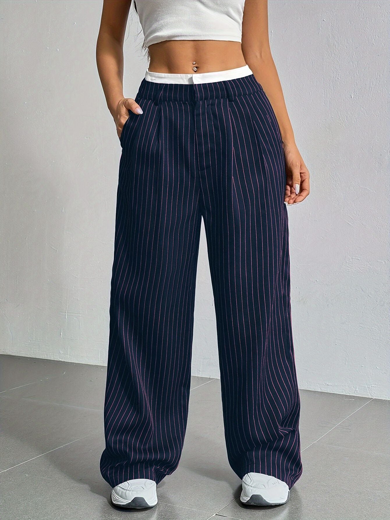 Stripe Printed Trousers Fashion High Waist Straight Leg Pants Women DealSniper.net Blue Background Vermicelli L