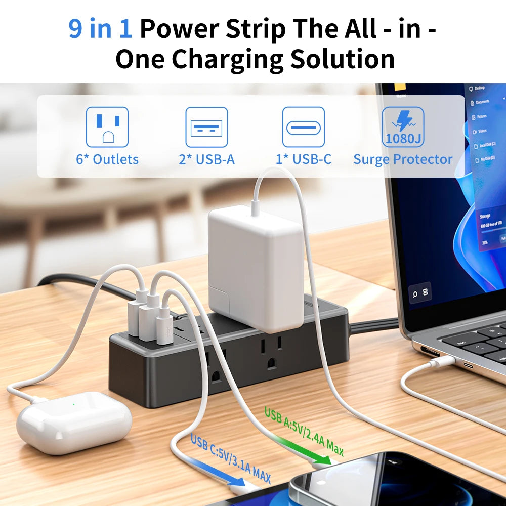 6-Outlet Power Strip Extension Power Cord Travel Adapter Electronics DealSniper.net
