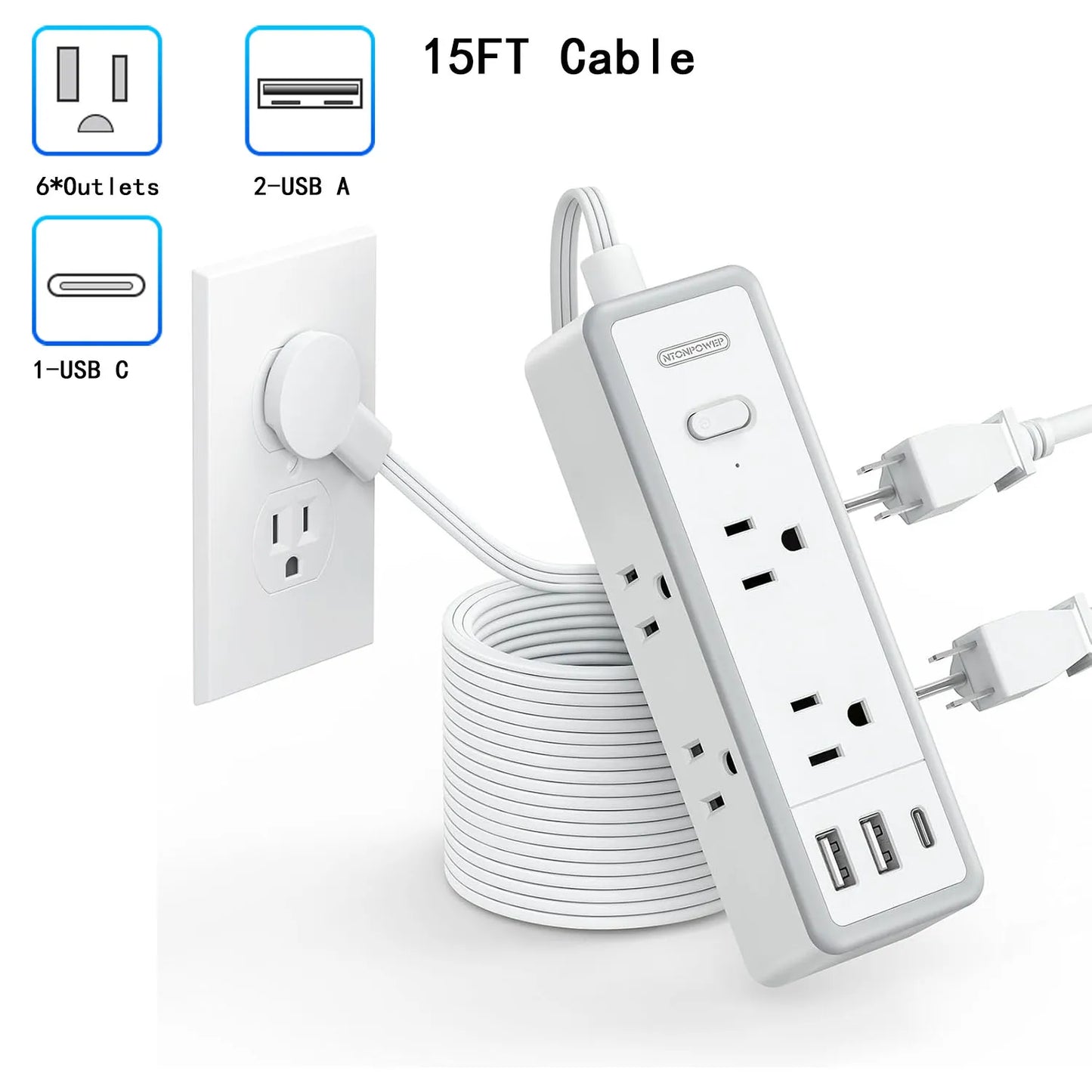 6-Outlet Power Strip Extension Power Cord Travel Adapter Electronics DealSniper.net Withe 15FT CHINA US Plug