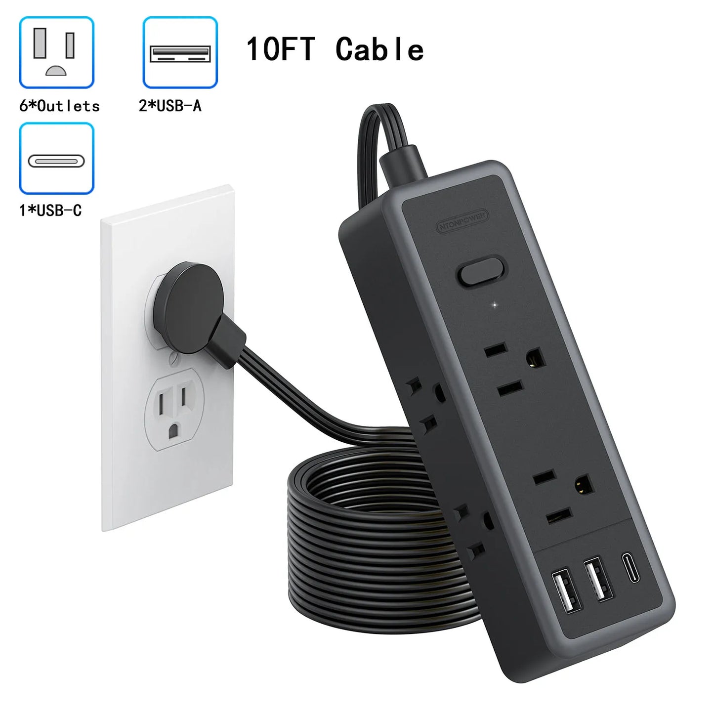 6-Outlet Power Strip Extension Power Cord Travel Adapter Electronics DealSniper.net Black 10FT CHINA US Plug